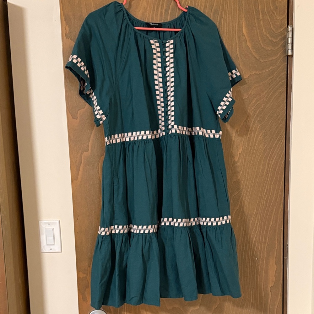 Madewell Teal Short Sleeve Linen Blend Dress with Embroidered Checkered Trim